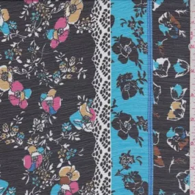 1 5/8 YD PC-Aqua/Black Multi Floral Stripe Crinkle Chiffon Fabric