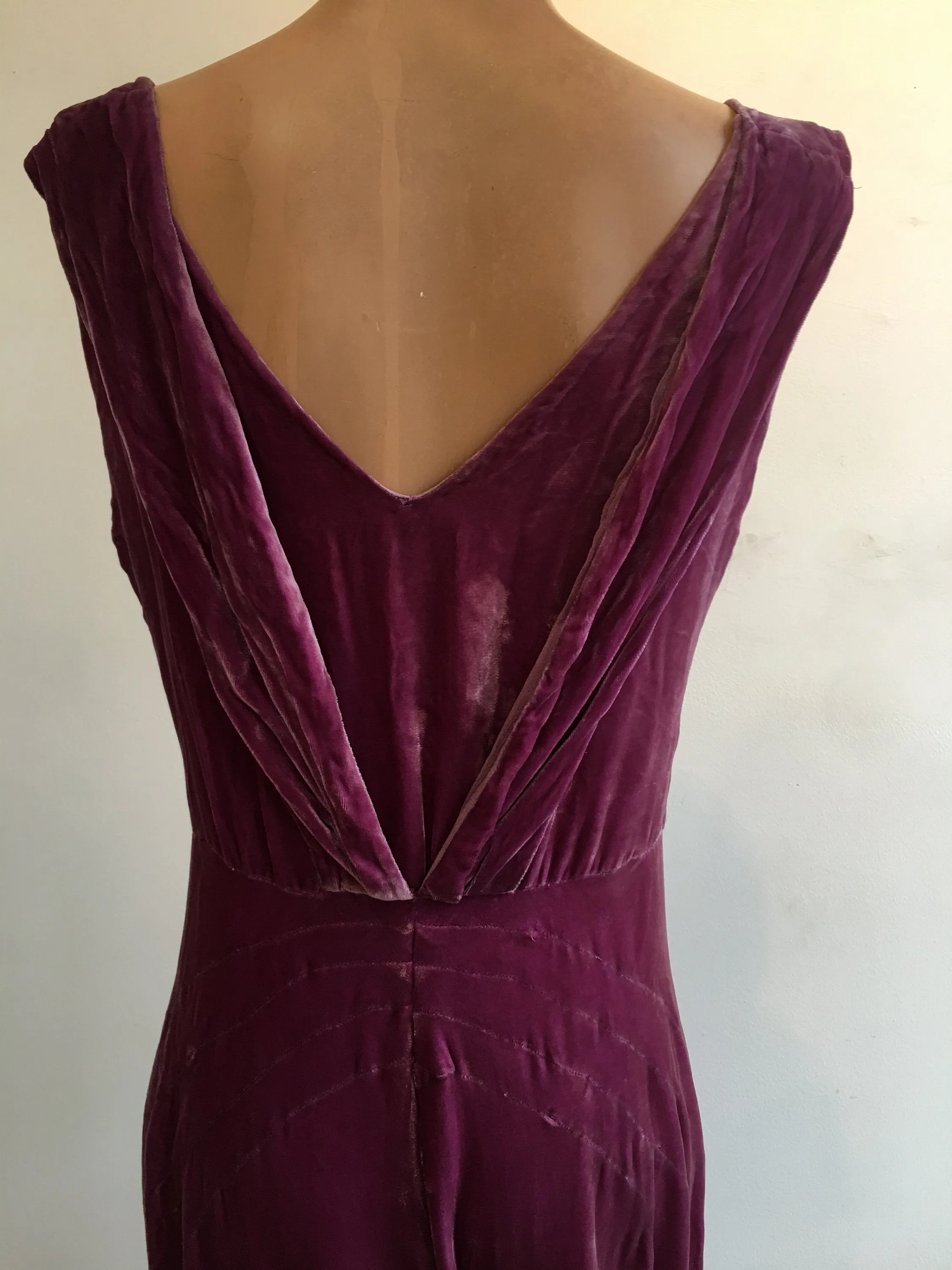 1930s Harvey Nichols Plum Silk Velvet Gown w Train