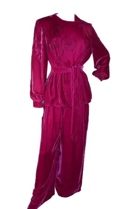 1940's Raspberry Velvet Vintage Hostess Pajamas with Cut Steel Studs 40B