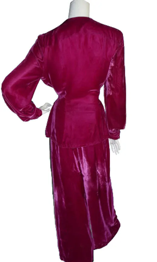 1940's Raspberry Velvet Vintage Hostess Pajamas with Cut Steel Studs 40B