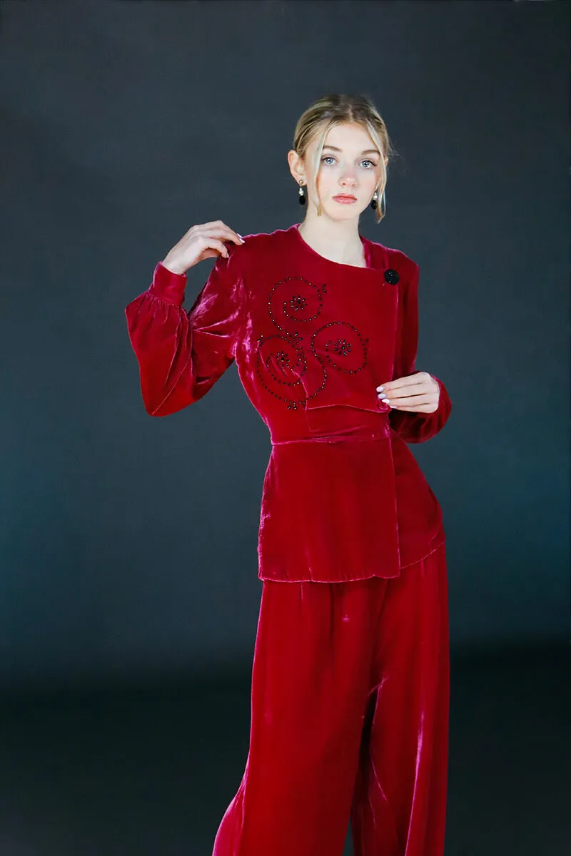 1940's Raspberry Velvet Vintage Hostess Pajamas with Cut Steel Studs 40B