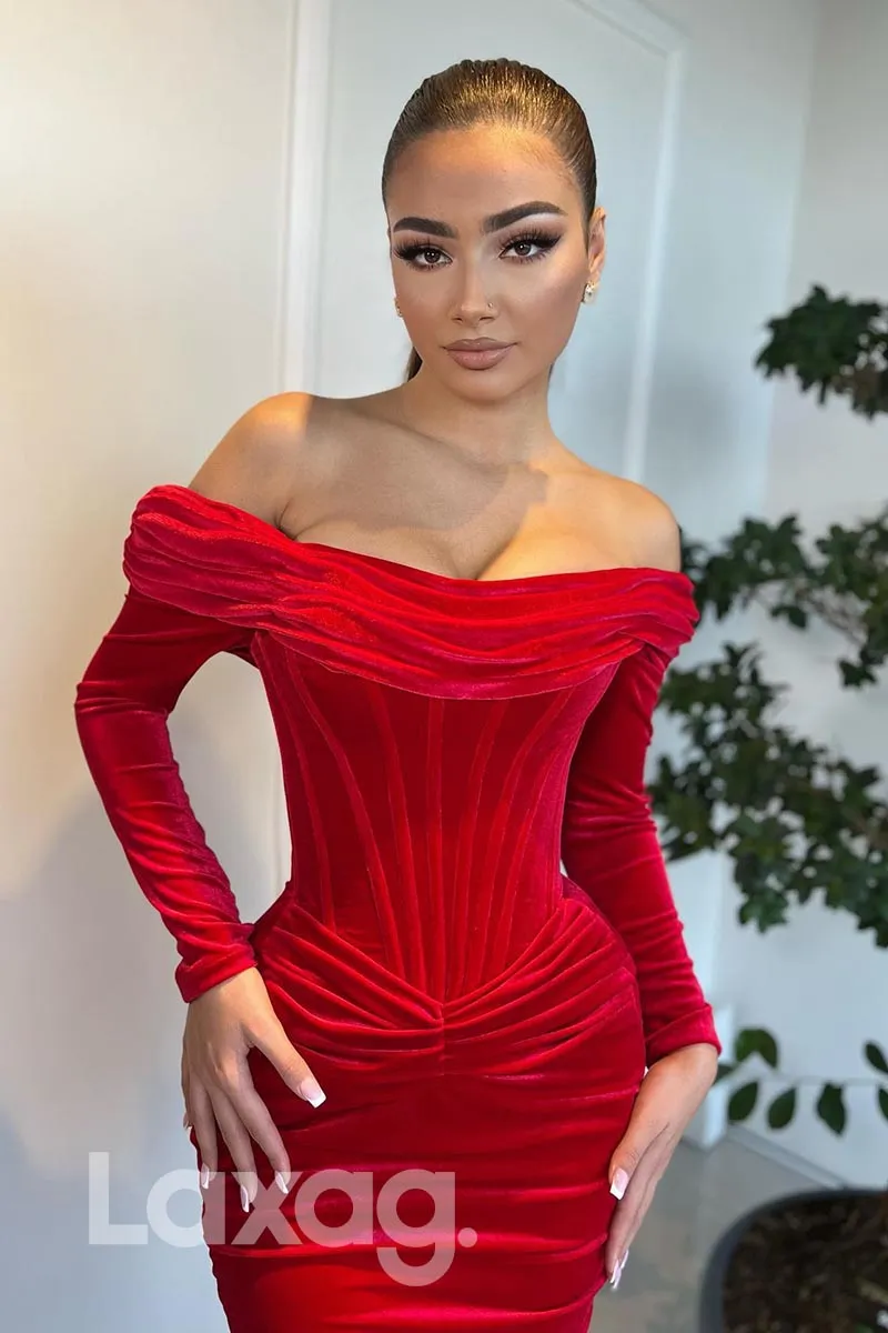 21874 - Off Shoulder Bone Bodice Red Mermaid Prom Evening Dress