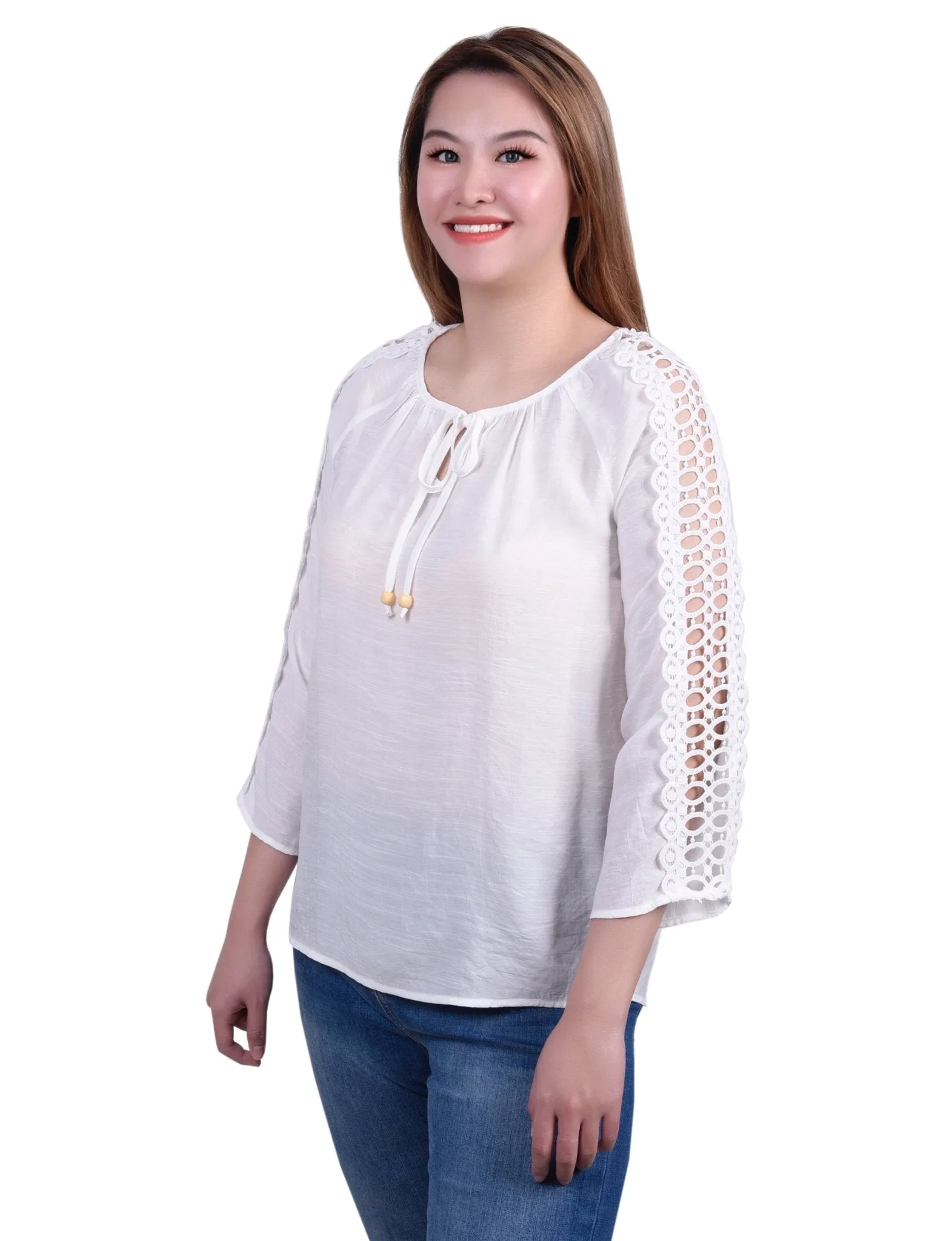 3/4 Length Sleeve Crochet Detail Blouse - Petite