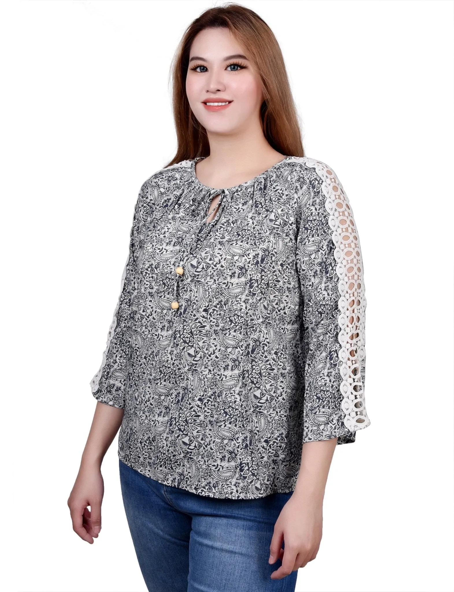 3/4 Length Sleeve Crochet Detail Blouse - Petite