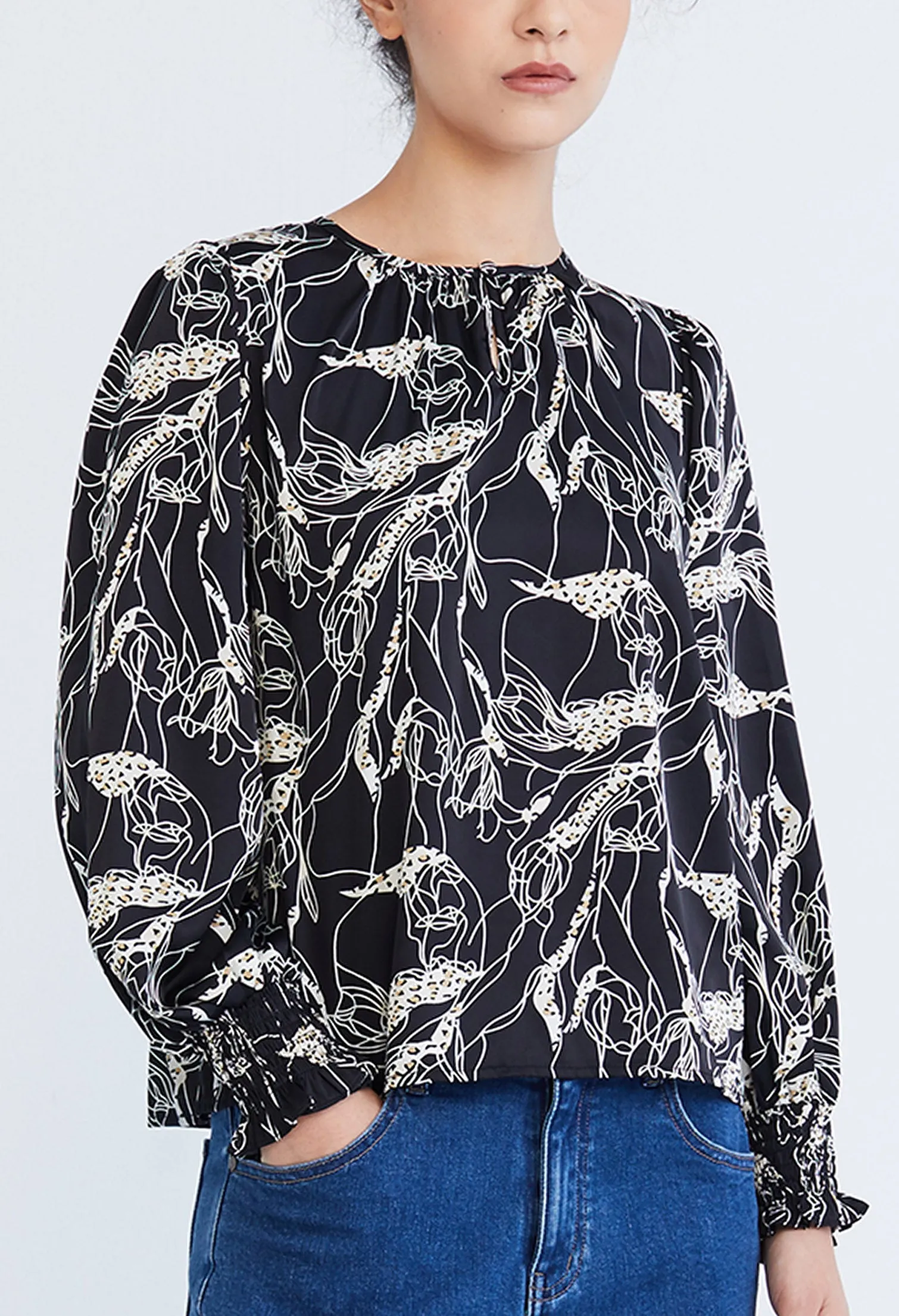 Abstract Allover Flora Round Neck Blouse