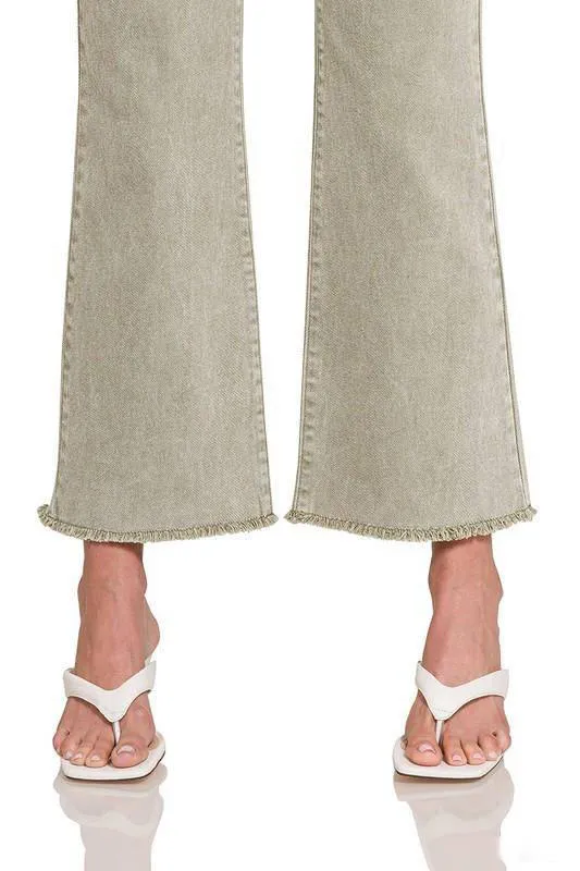 Acid Washed High Waist Frayed Hem Cropped Kick Flare Jeans