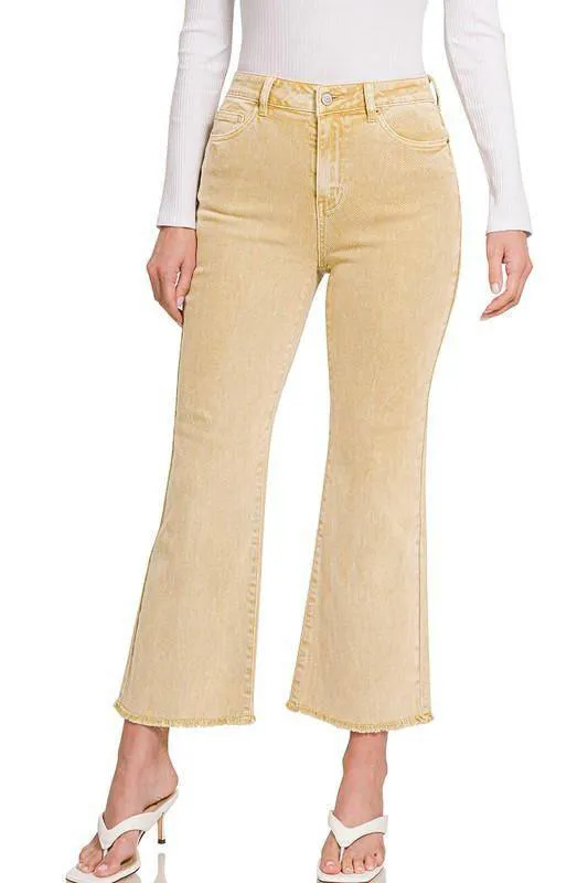 Acid Washed High Waist Frayed Hem Cropped Kick Flare Jeans