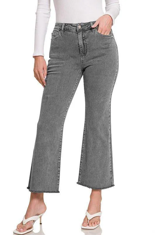 Acid Washed High Waist Frayed Hem Cropped Kick Flare Jeans