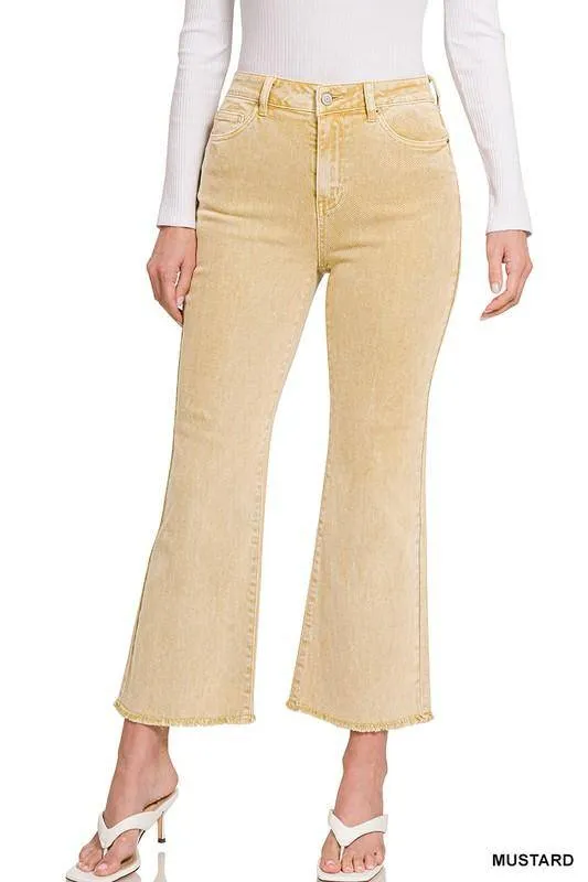 Acid Washed High Waist Frayed Hem Cropped Kick Flare Jeans