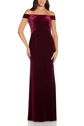 Adrianna Papell Off Shoulder Pleated Front Zipper Back Velvet Gown