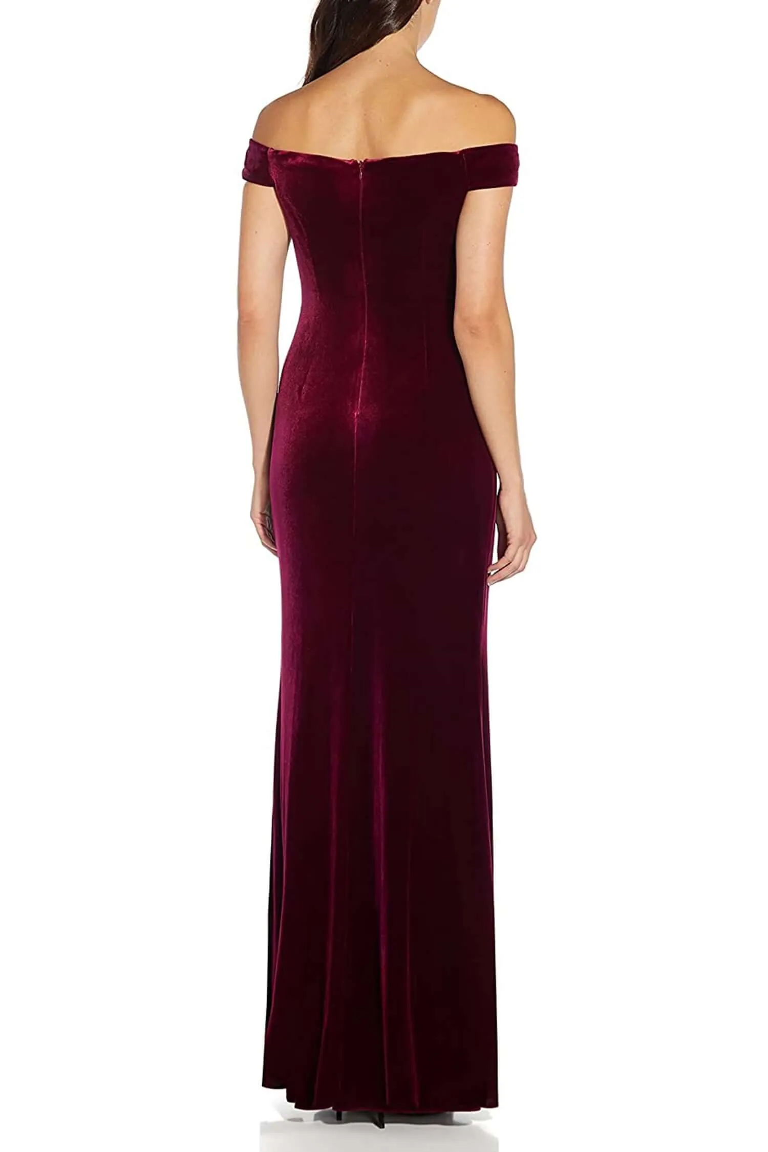 Adrianna Papell Off Shoulder Pleated Front Zipper Back Velvet Gown