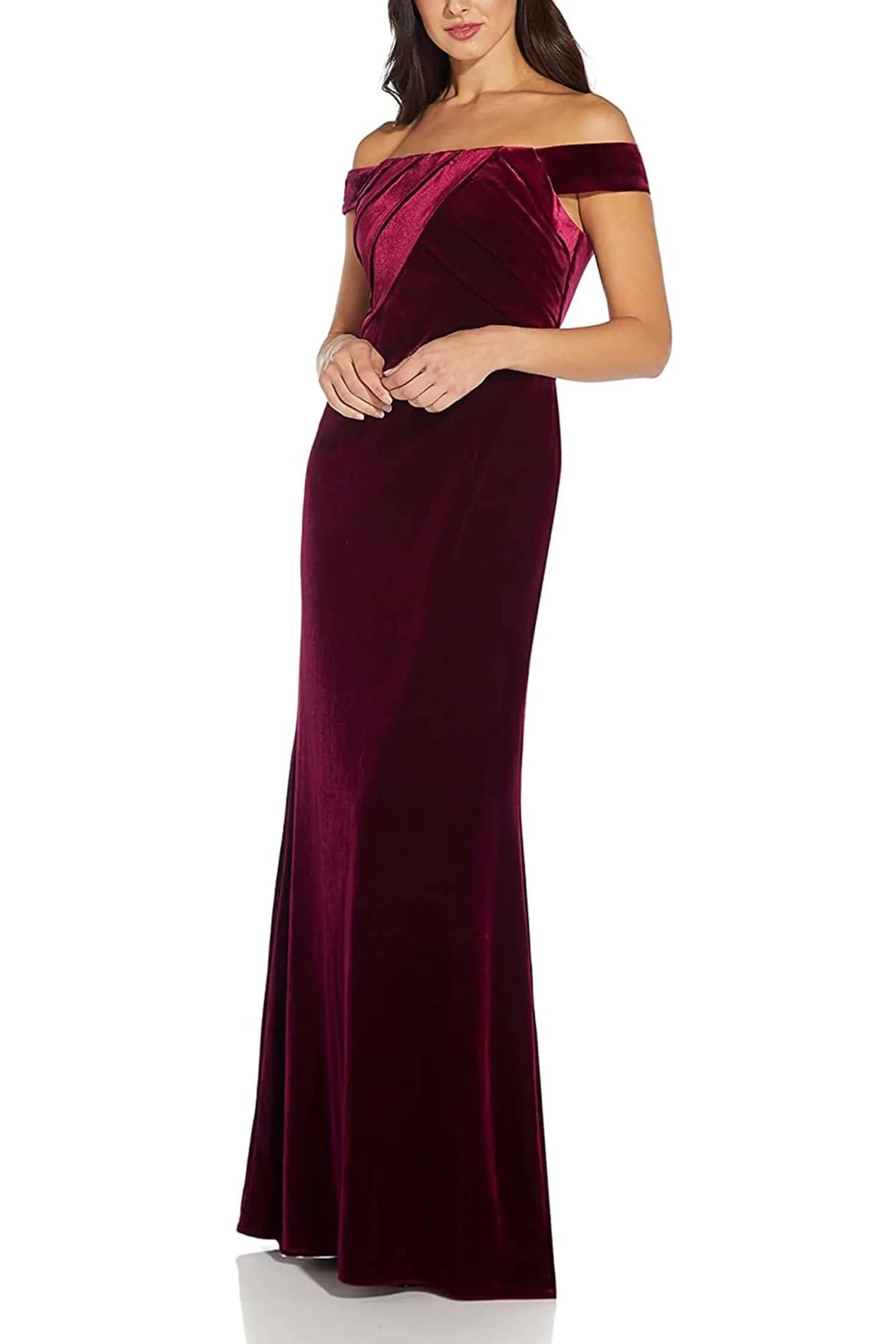 Adrianna Papell Off Shoulder Pleated Front Zipper Back Velvet Gown