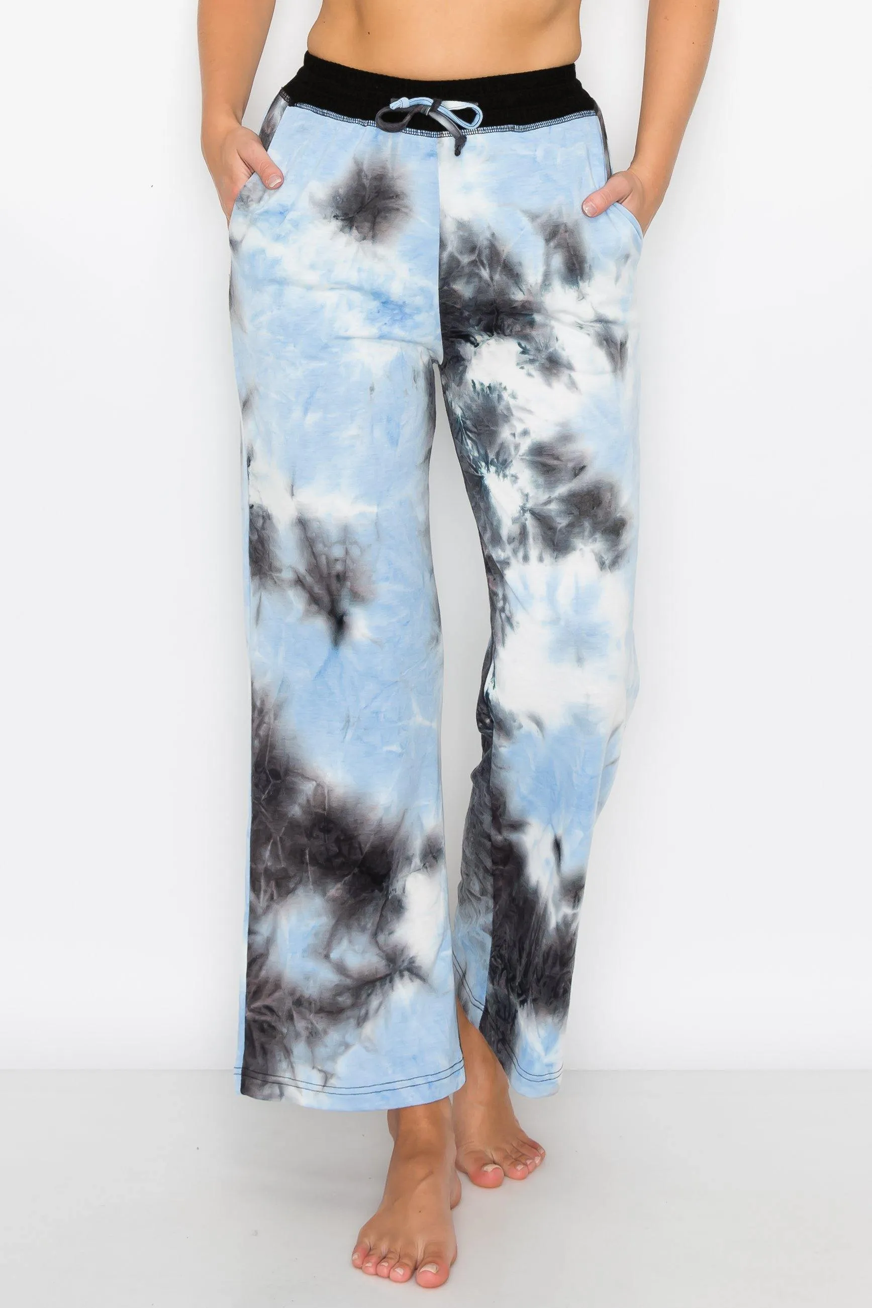 ALWAYS Women's French Terry Palazzo - Tie Dye Casual Elastic Drawstring Flowy Pants with Pockets