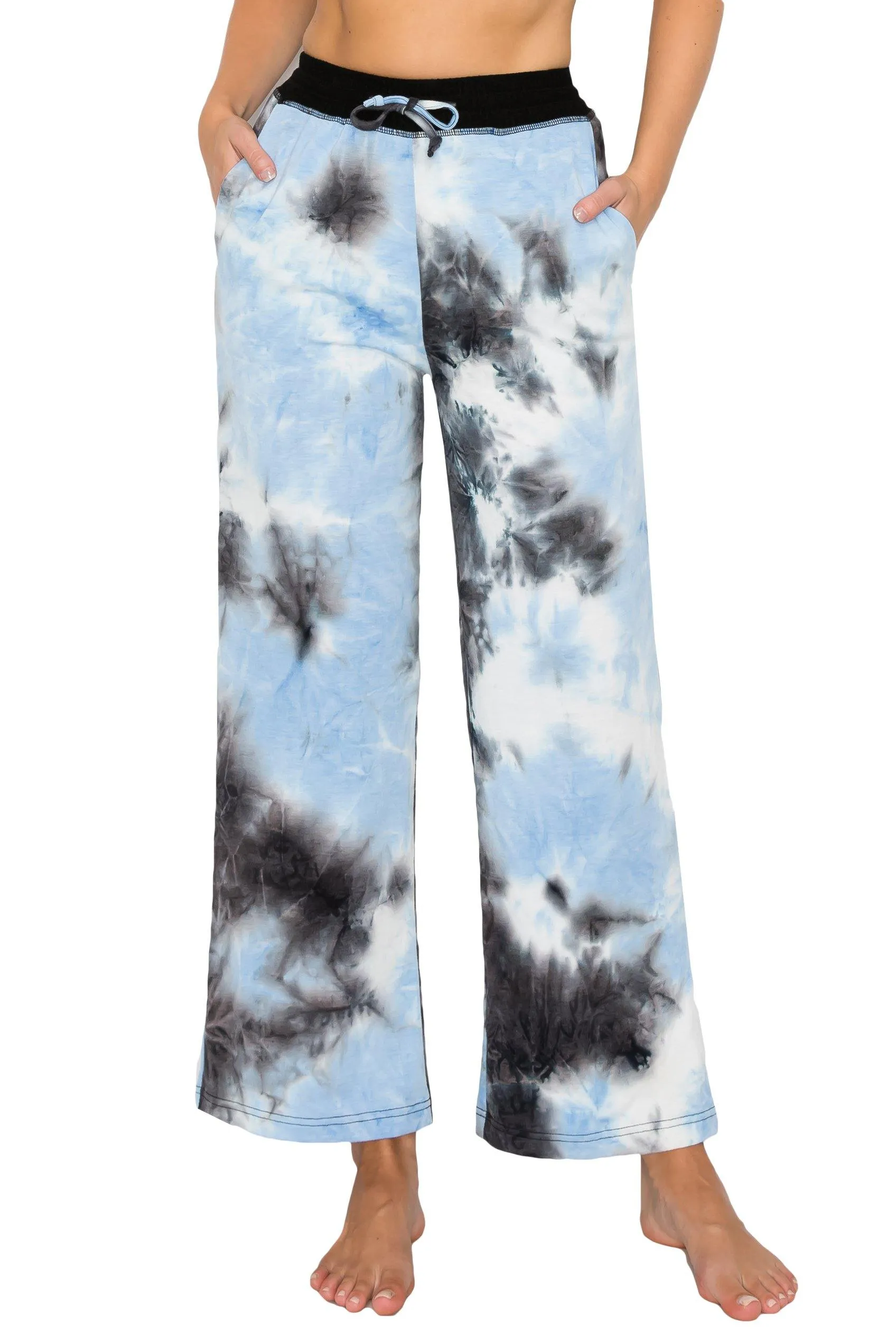 ALWAYS Women's French Terry Palazzo - Tie Dye Casual Elastic Drawstring Flowy Pants with Pockets