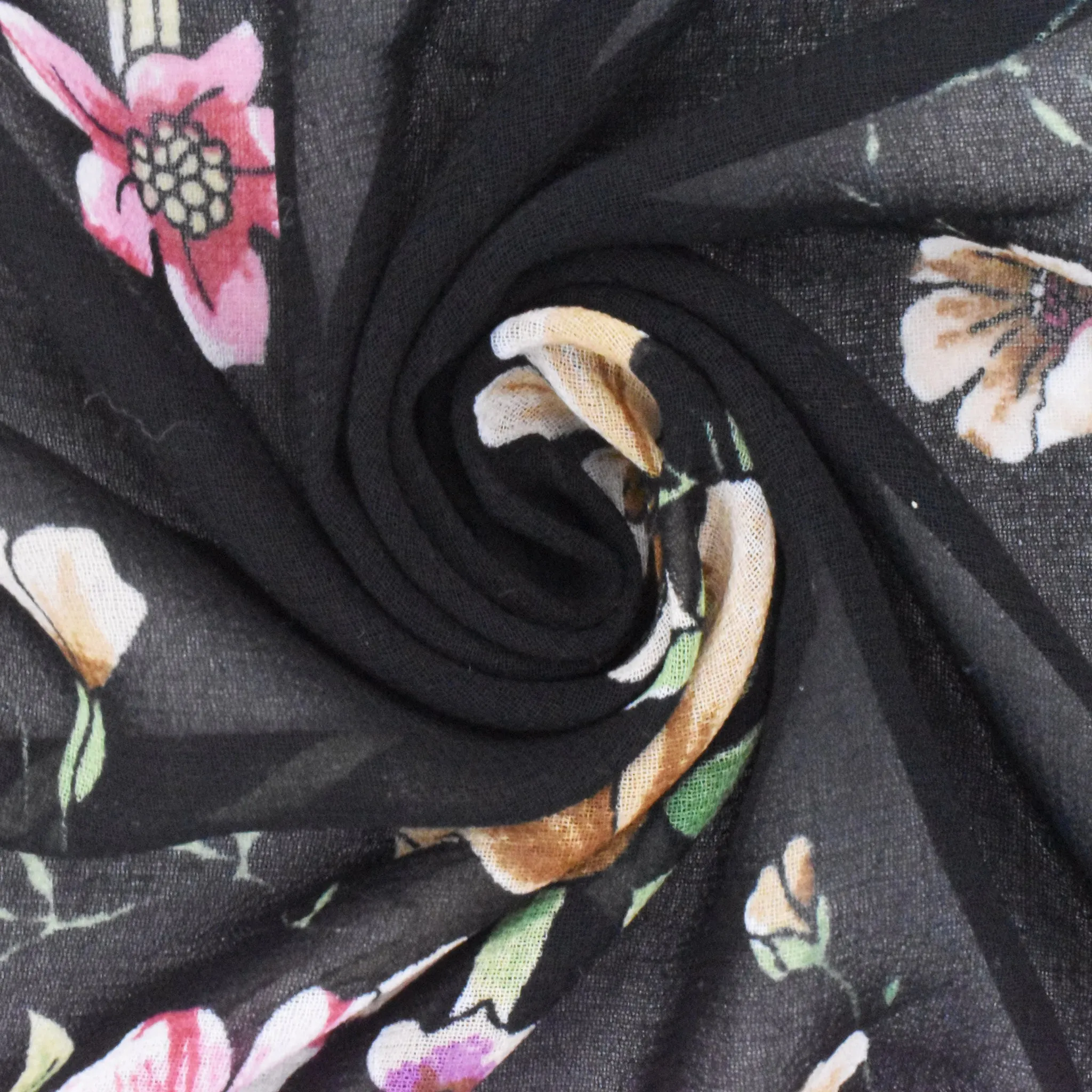 Basic Black-Beige-Multi Floral Printed Poly Chiffon Woven Fabric