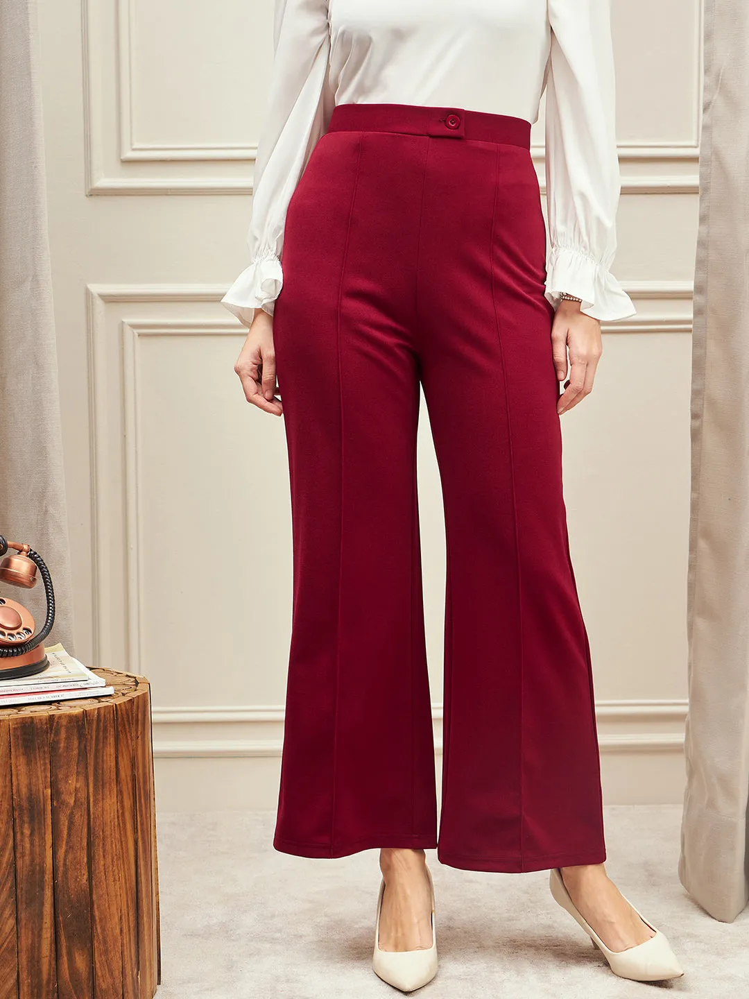 Berrylush BIZwear Women Solid Maroon High-Rise Waist Overlap-Seam Front Button Knitted Regular Palazzo Pants