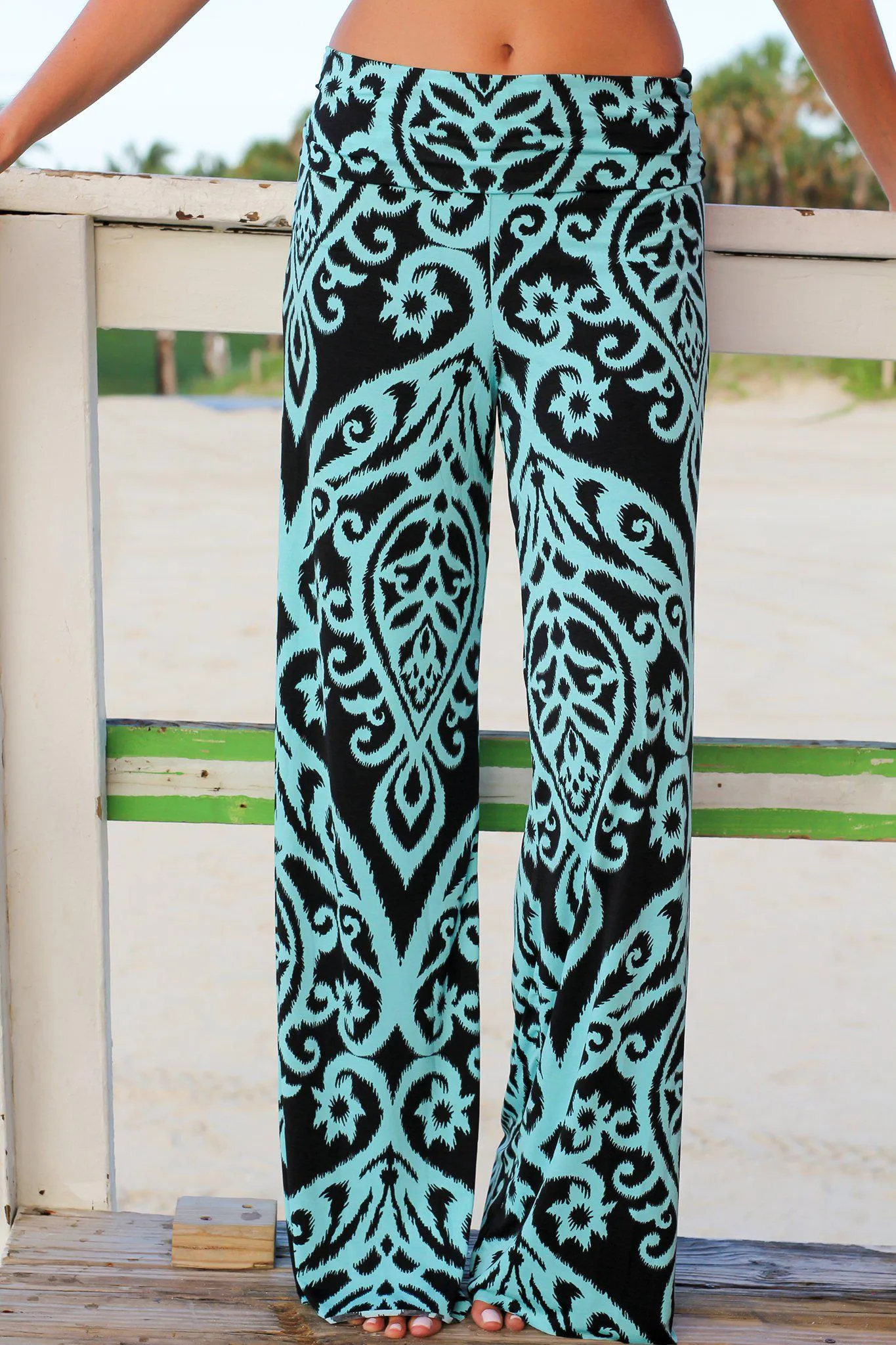 Black and Aqua Printed Palazzo Pants