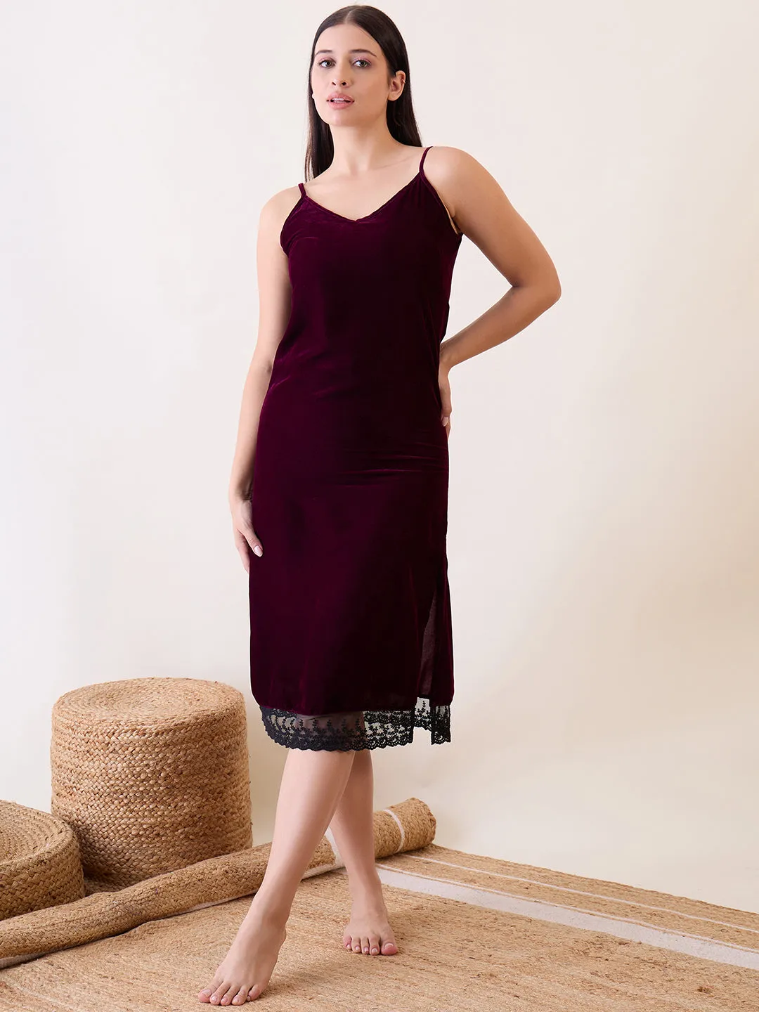 Black Delicate Lace Gown With Burgundy Velvet Slip