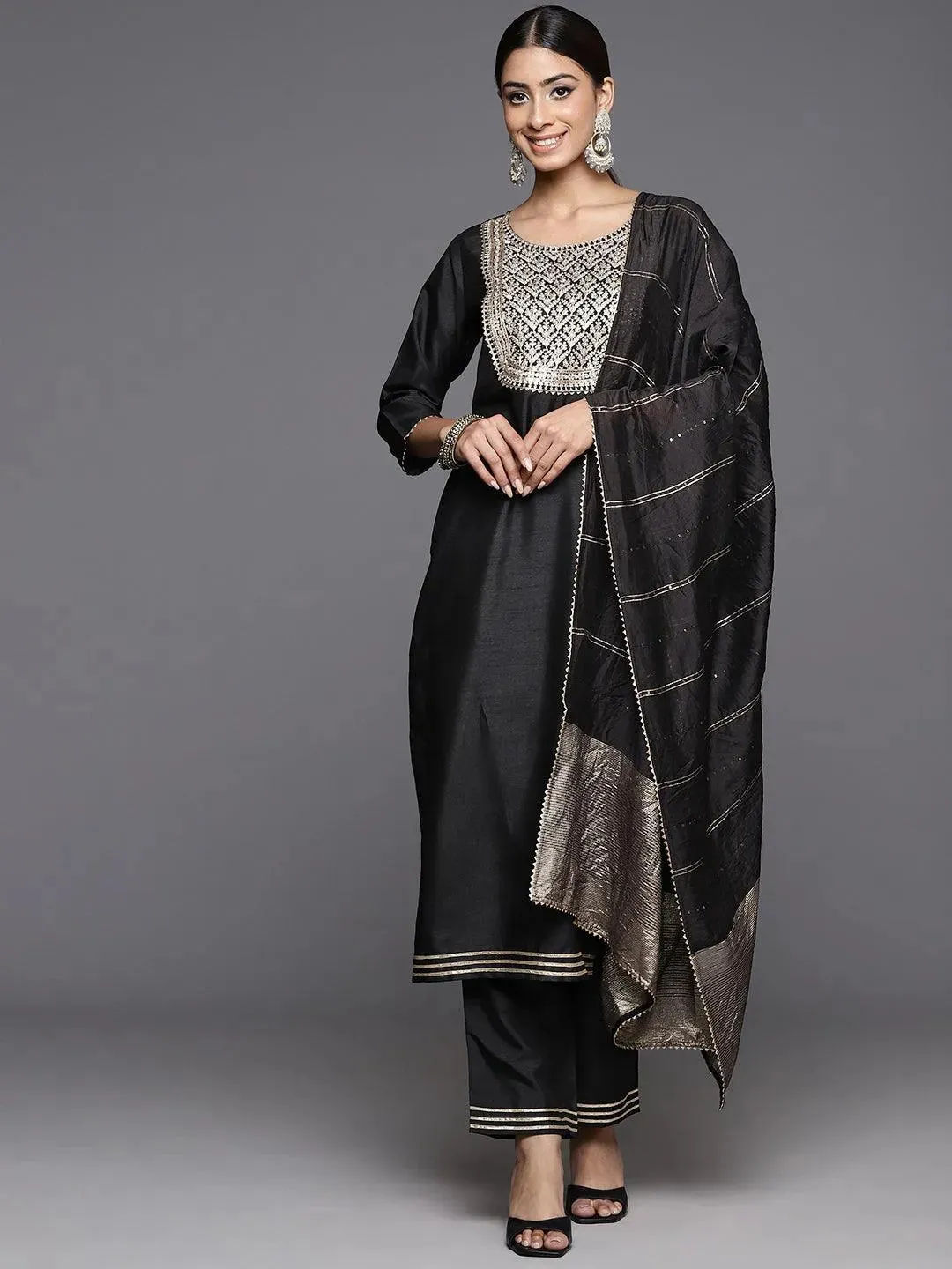 Black Yoke Design Silk Blend Straight Kurta With Palazzos & Dupatta