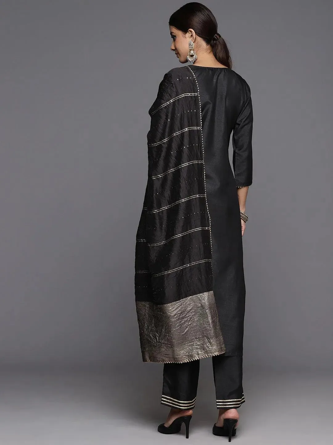 Black Yoke Design Silk Blend Straight Kurta With Palazzos & Dupatta