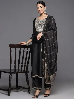 Black Yoke Design Silk Blend Straight Kurta With Palazzos & Dupatta