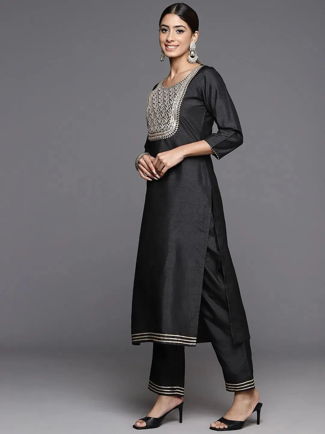 Black Yoke Design Silk Blend Straight Kurta With Palazzos & Dupatta