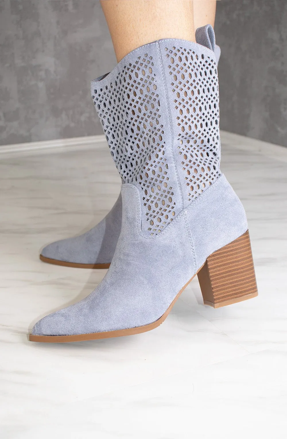 Blue Cut Out Heeled Calf Cowboy Boot