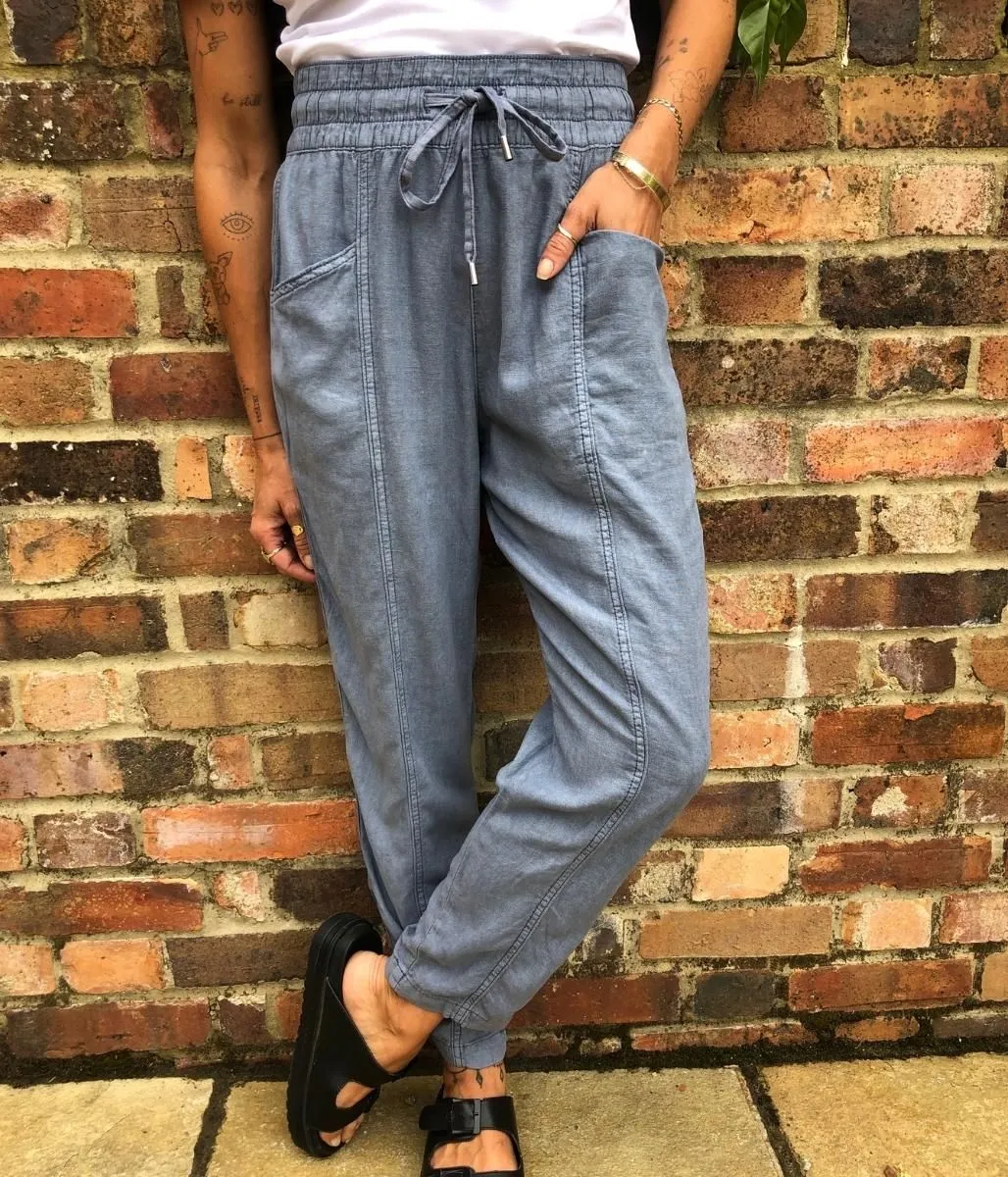 Blue Linen Blend Tapered Trouser