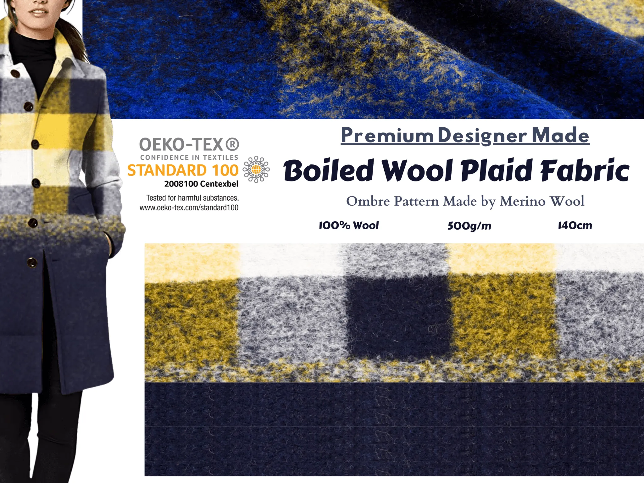 Boiled Wool Plaid Fabric Premium Designer Made / Ombre Pattern Made by Merino Wool