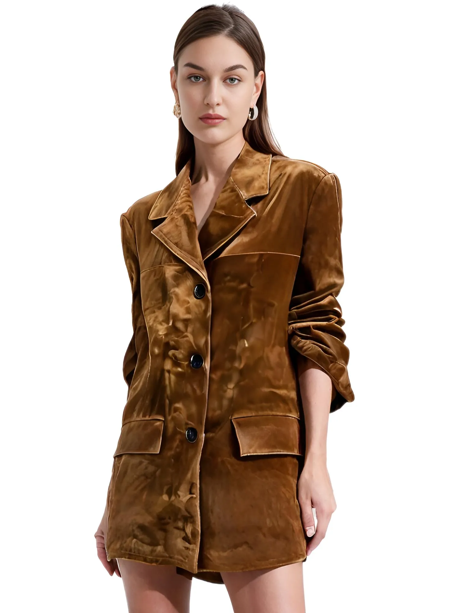 Brown Kid Suede Vintage Women's Jacket Loose Oversized Leather Suit Blazer