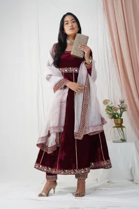 Burgundy Velvet Empress Anarkali Suit