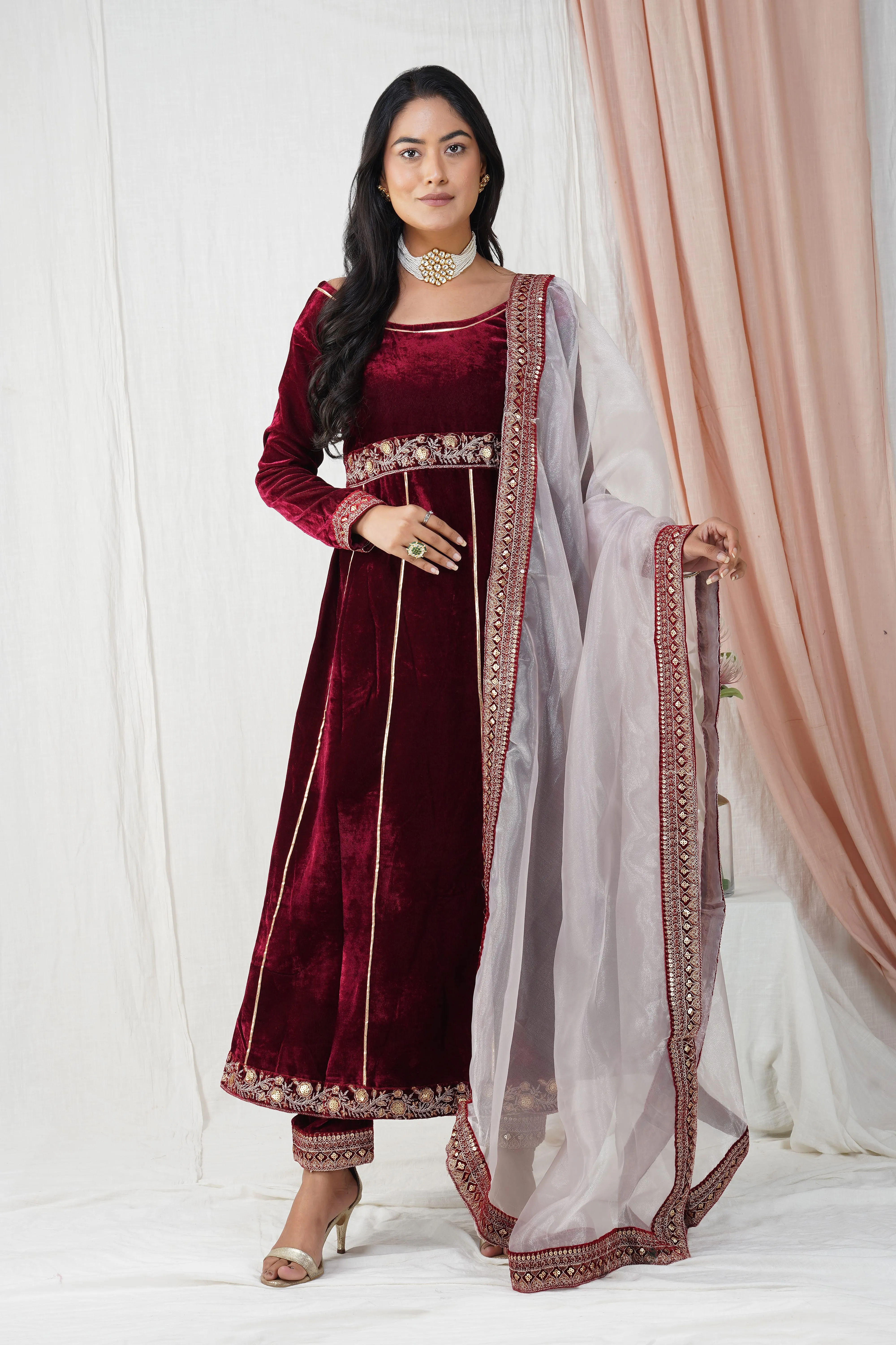 Burgundy Velvet Empress Anarkali Suit