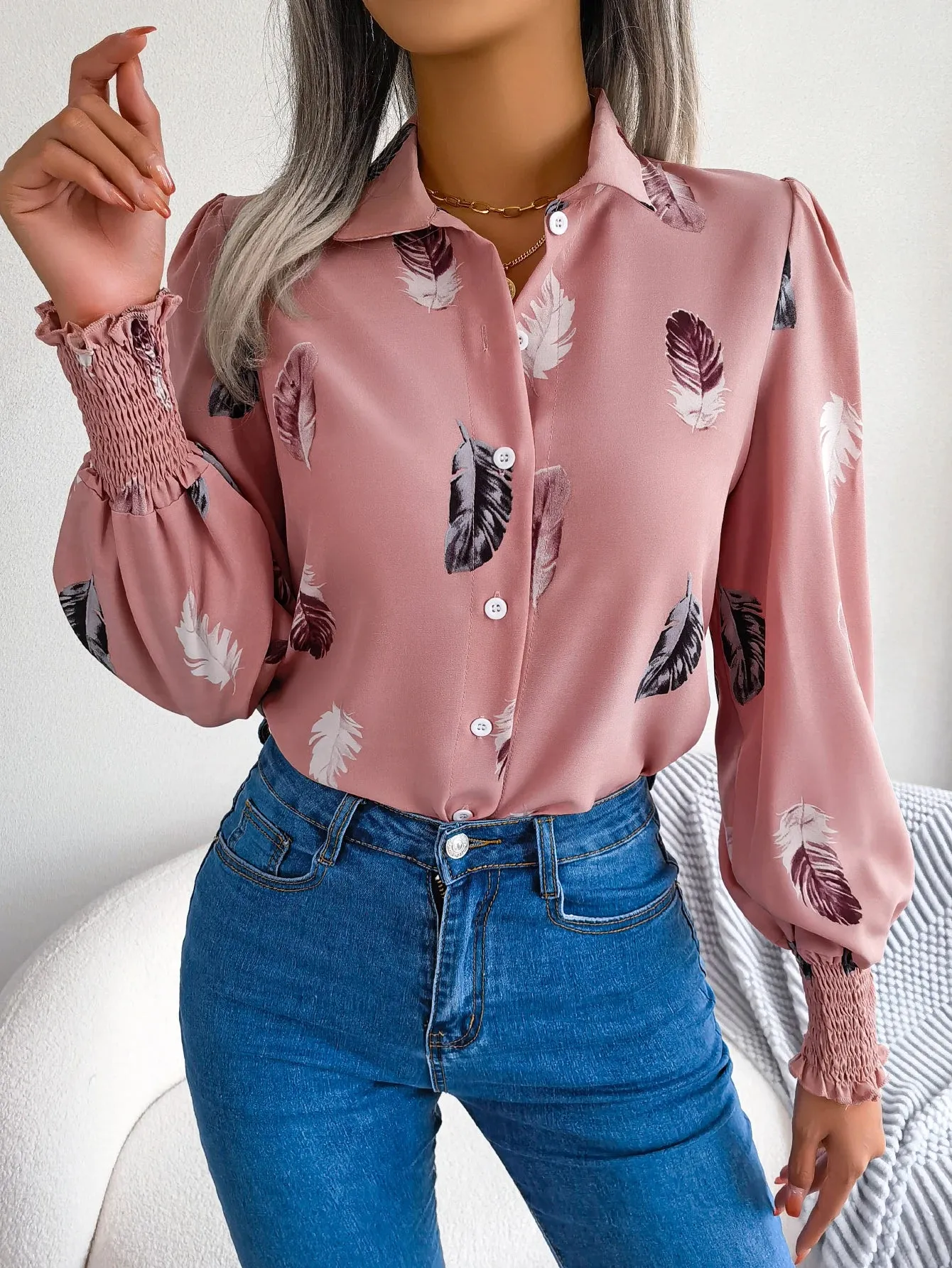 Casual Lantern Sleeve Button Front Turn Down Collar Feather Print Women's Blouse