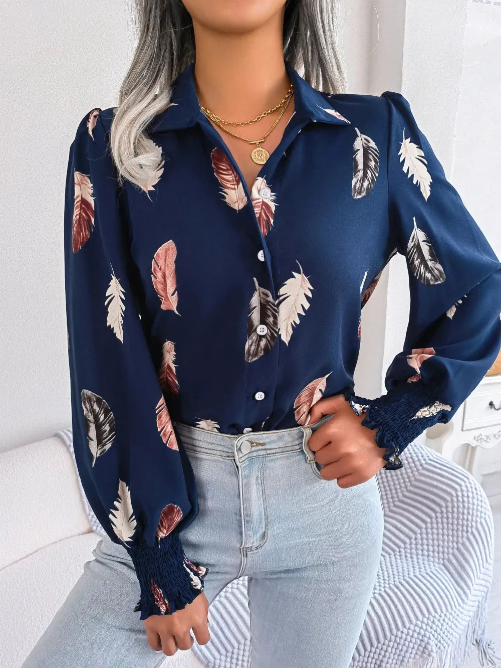 Casual Lantern Sleeve Button Front Turn Down Collar Feather Print Women's Blouse