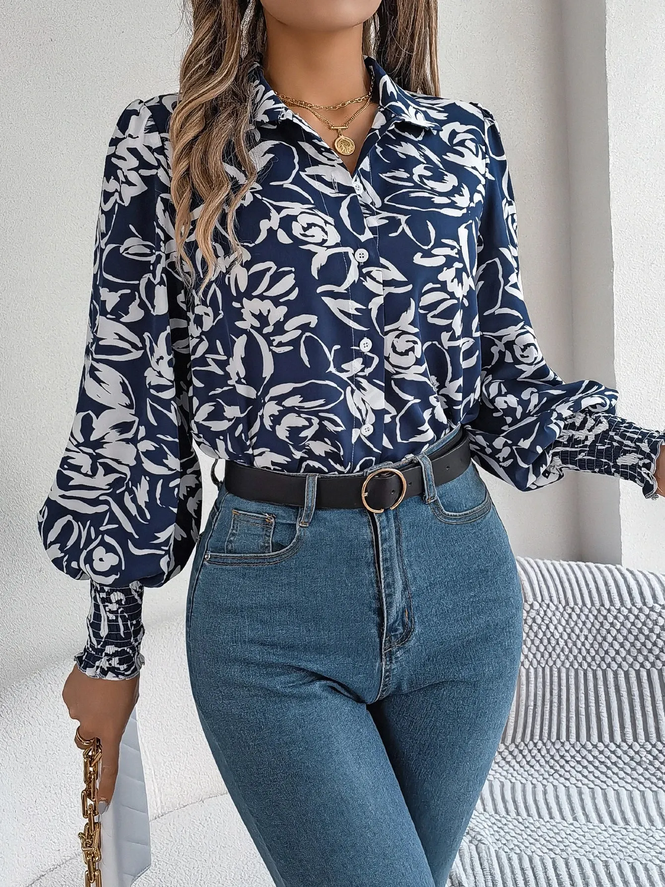 Casual Lantern Sleeve Floral Print Button Front Blouse