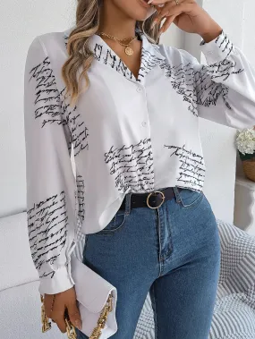 Casual Notch Collar Button Letter Print Long Sleeve Blouse