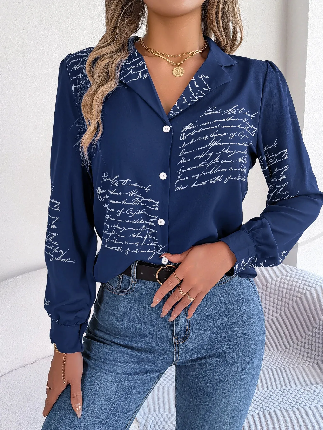 Casual Notch Collar Button Letter Print Long Sleeve Blouse