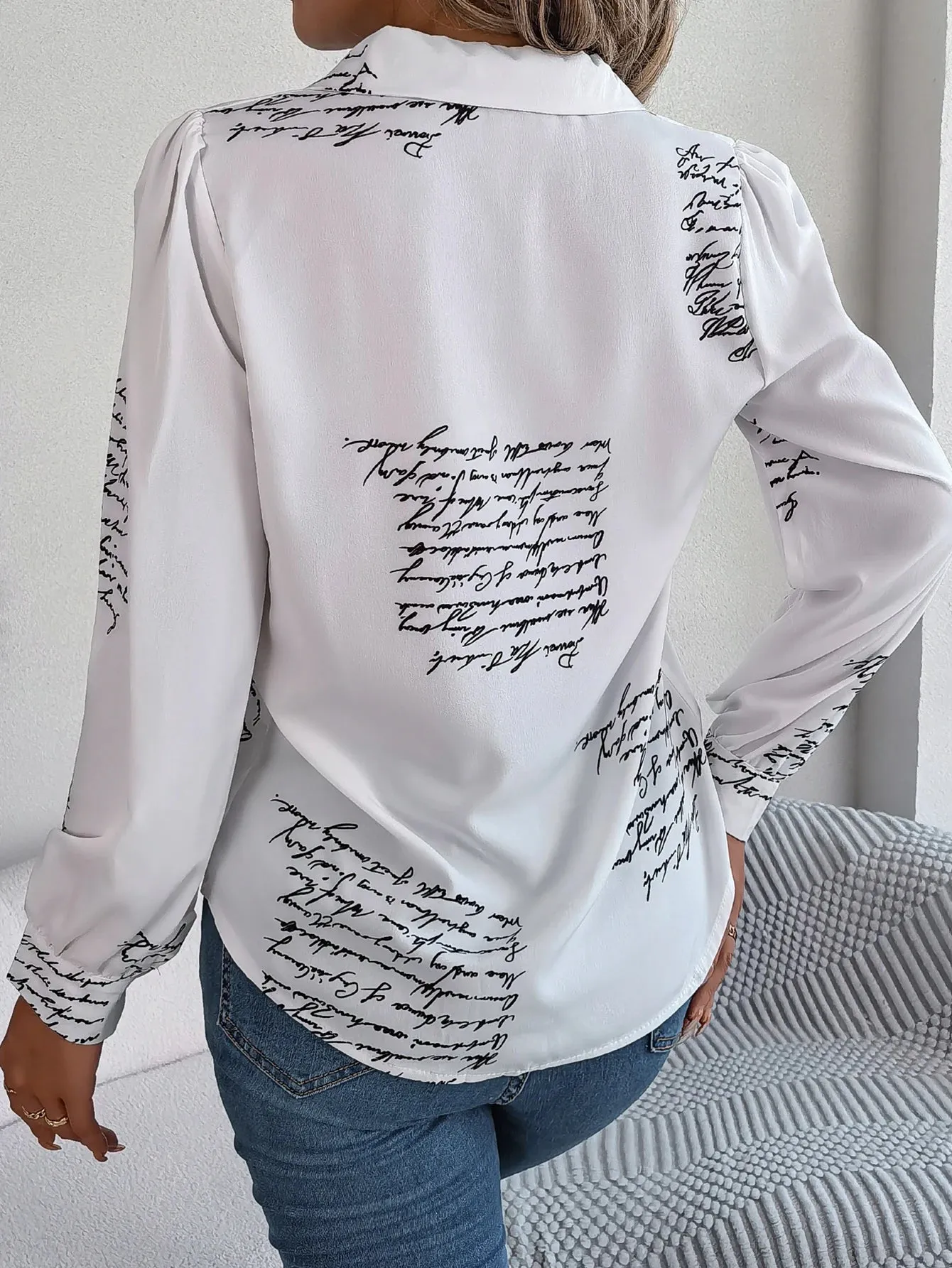 Casual Notch Collar Button Letter Print Long Sleeve Blouse