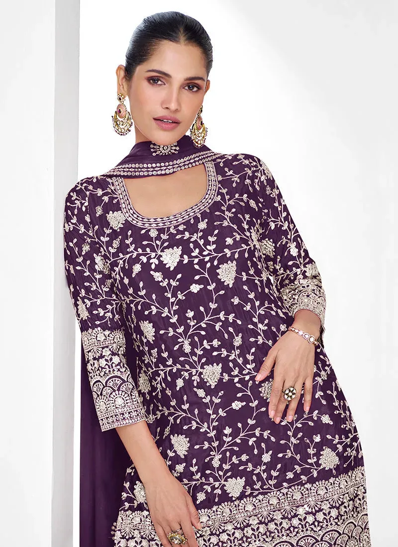 Celebrated Deep Purple Traditional Embroidered Palazzo Suit