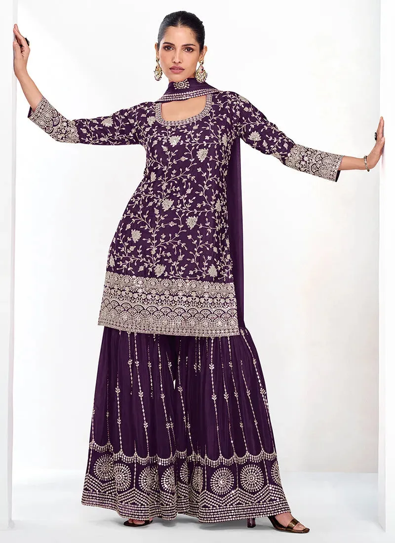 Celebrated Deep Purple Traditional Embroidered Palazzo Suit