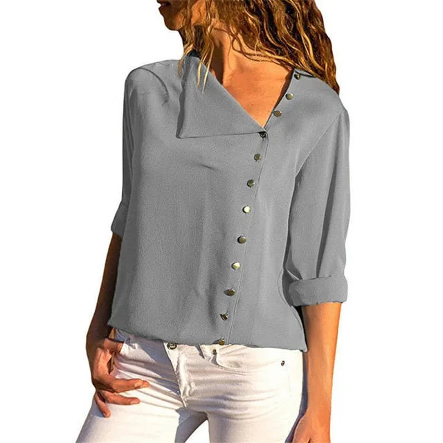 Chiffon Long Sleeve Skew Collar Solid Office Women Blouses And Tops