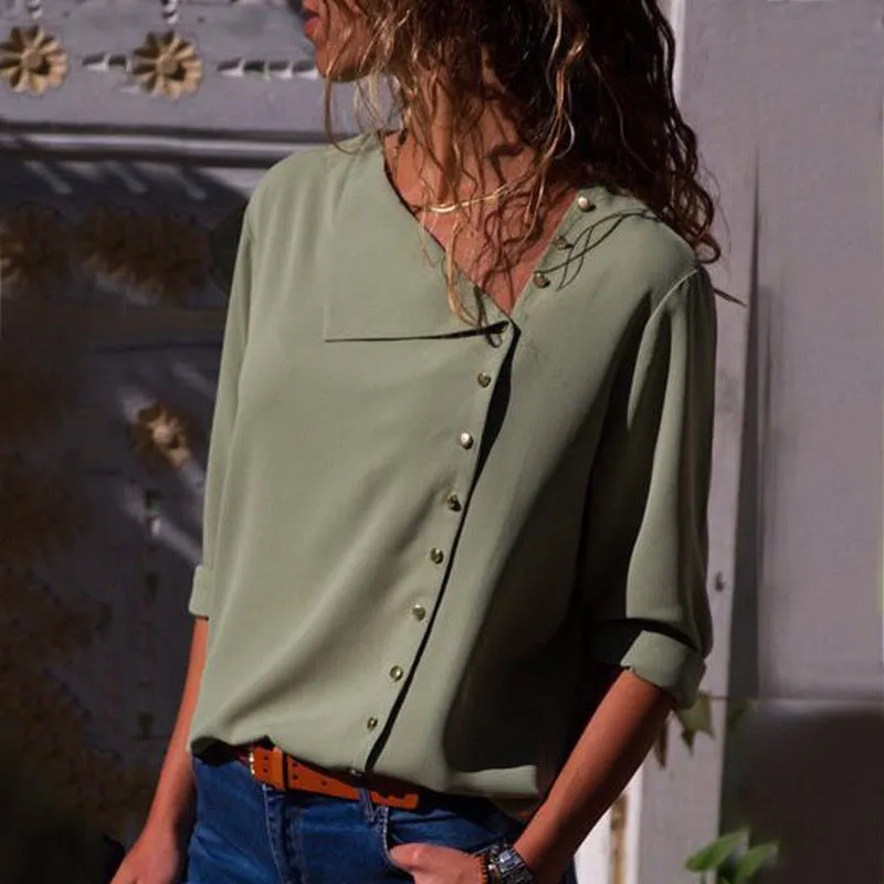 Chiffon Long Sleeve Skew Collar Solid Office Women Blouses And Tops