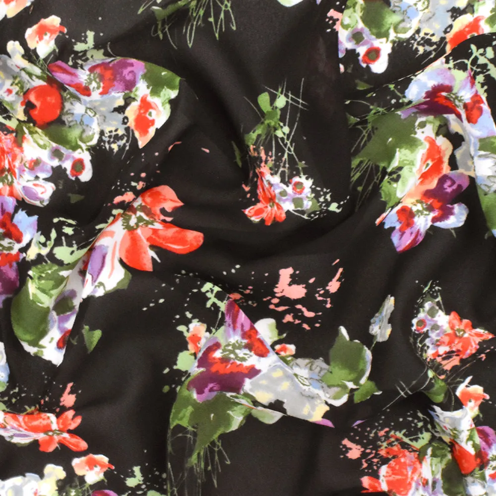 Classic Black-Red-Multi Watercolor Floral Printed Poly Chiffon Woven Fabric