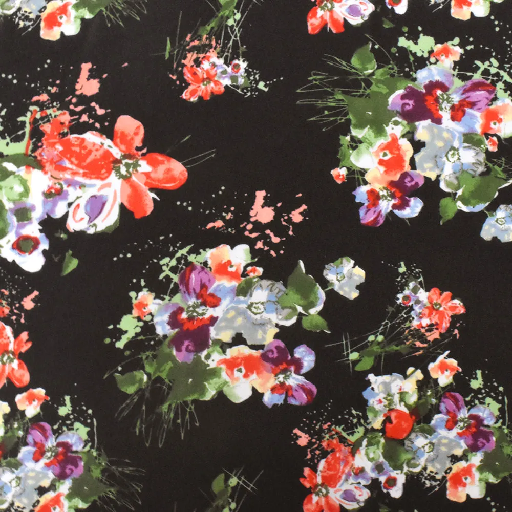 Classic Black-Red-Multi Watercolor Floral Printed Poly Chiffon Woven Fabric