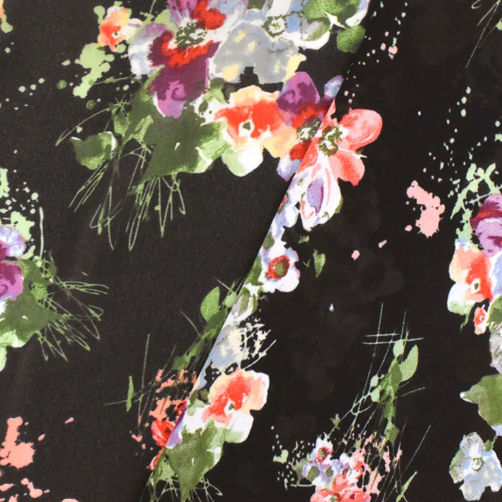 Classic Black-Red-Multi Watercolor Floral Printed Poly Chiffon Woven Fabric