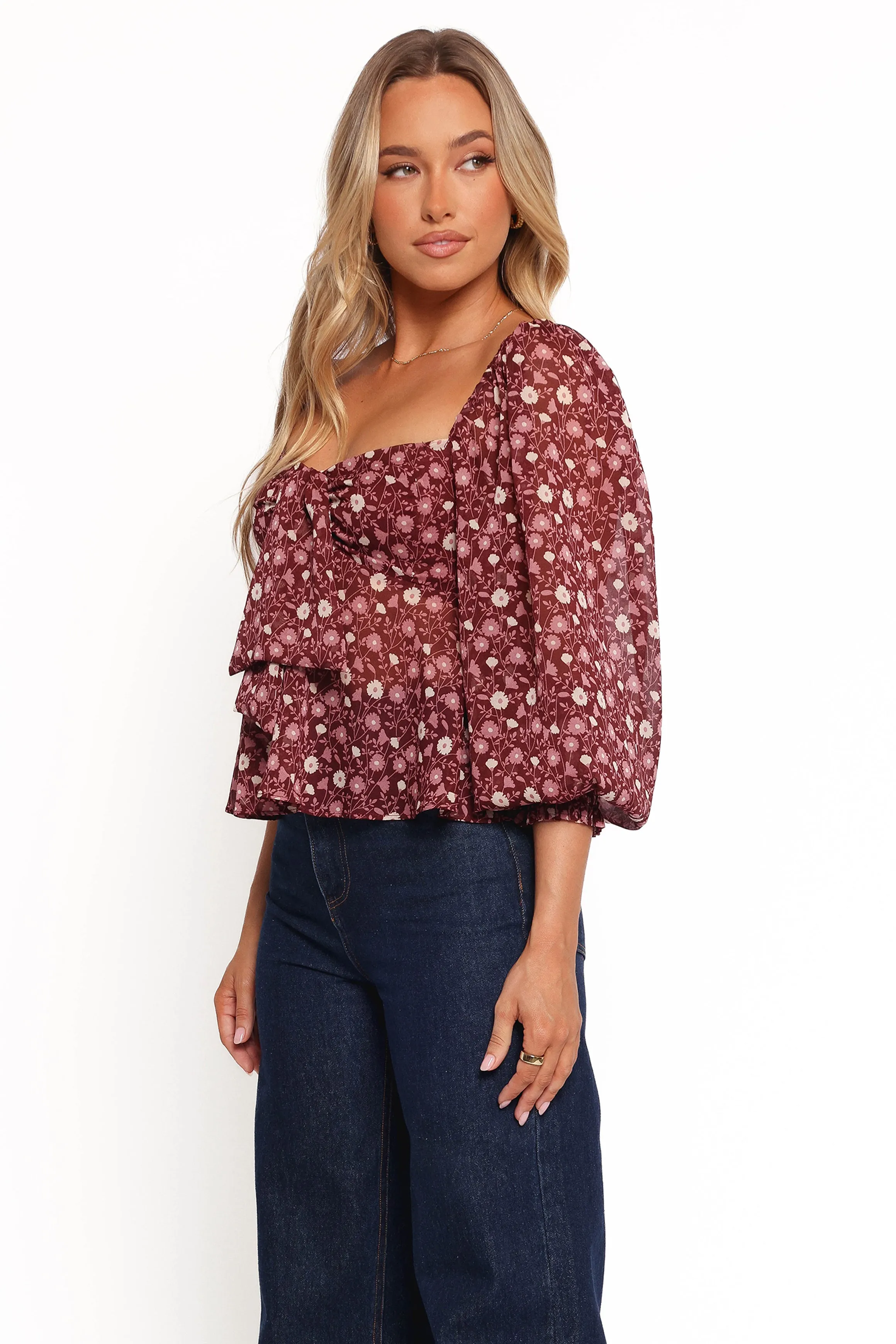 Darrie Long Sleeve Top - Burgundy Multi