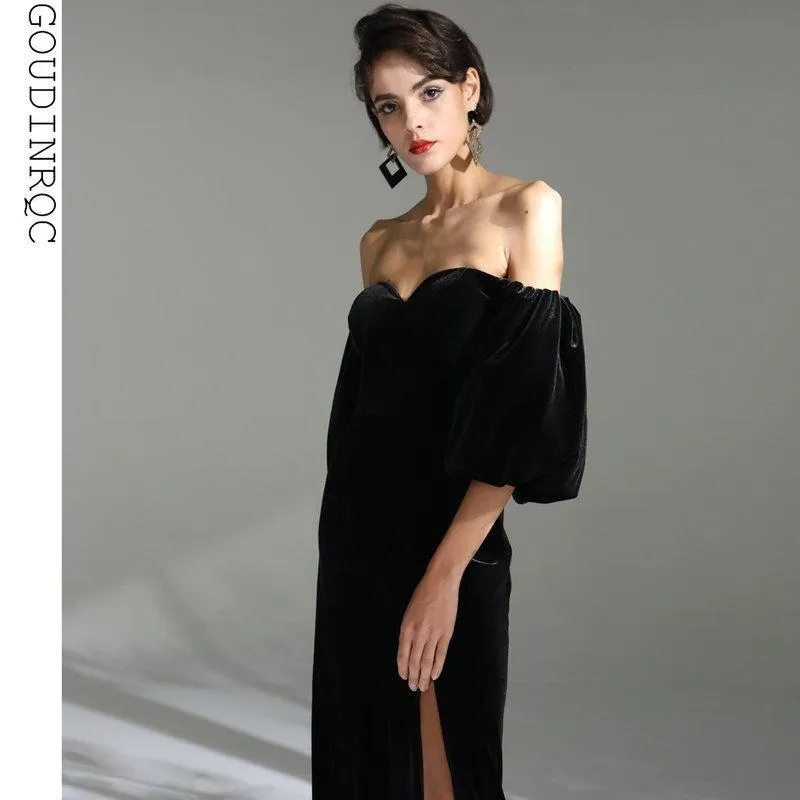 Elegant Black simple long slit sweetheart neckline of shoulder bubble sleeve velvet evening dress - Sikia