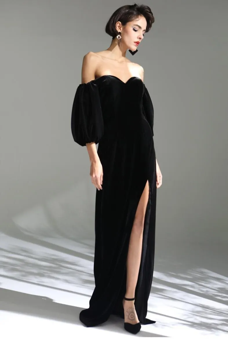 Elegant Black simple long slit sweetheart neckline of shoulder bubble sleeve velvet evening dress - Sikia