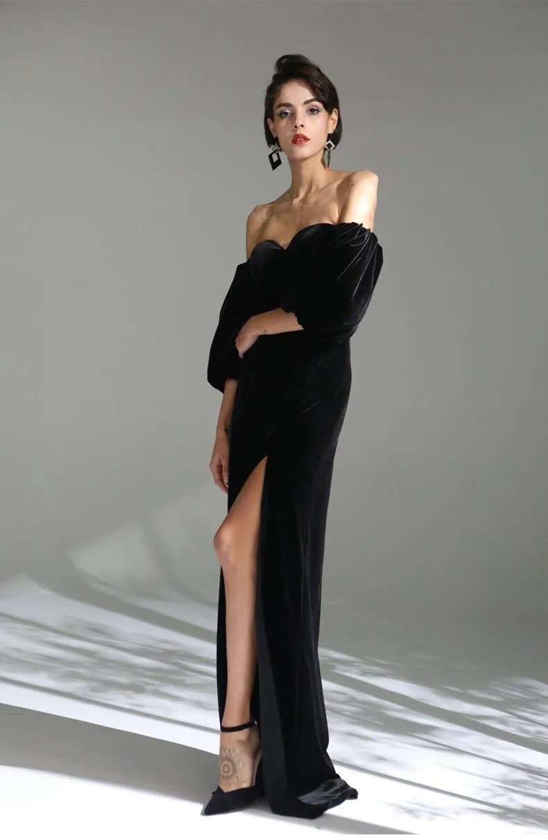 Elegant Black simple long slit sweetheart neckline of shoulder bubble sleeve velvet evening dress - Sikia