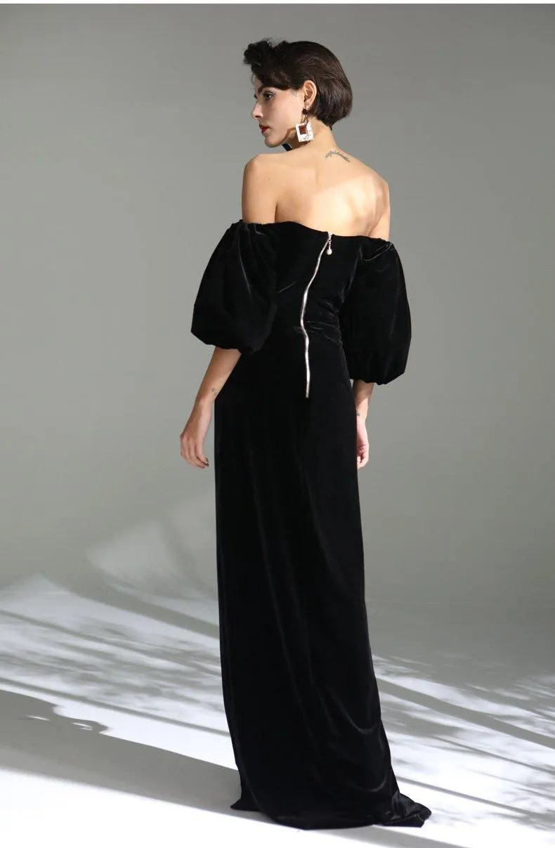 Elegant Black simple long slit sweetheart neckline of shoulder bubble sleeve velvet evening dress - Sikia